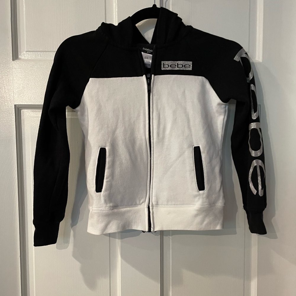 Black and White BeBe Zip Up Hooded Sweatshirt